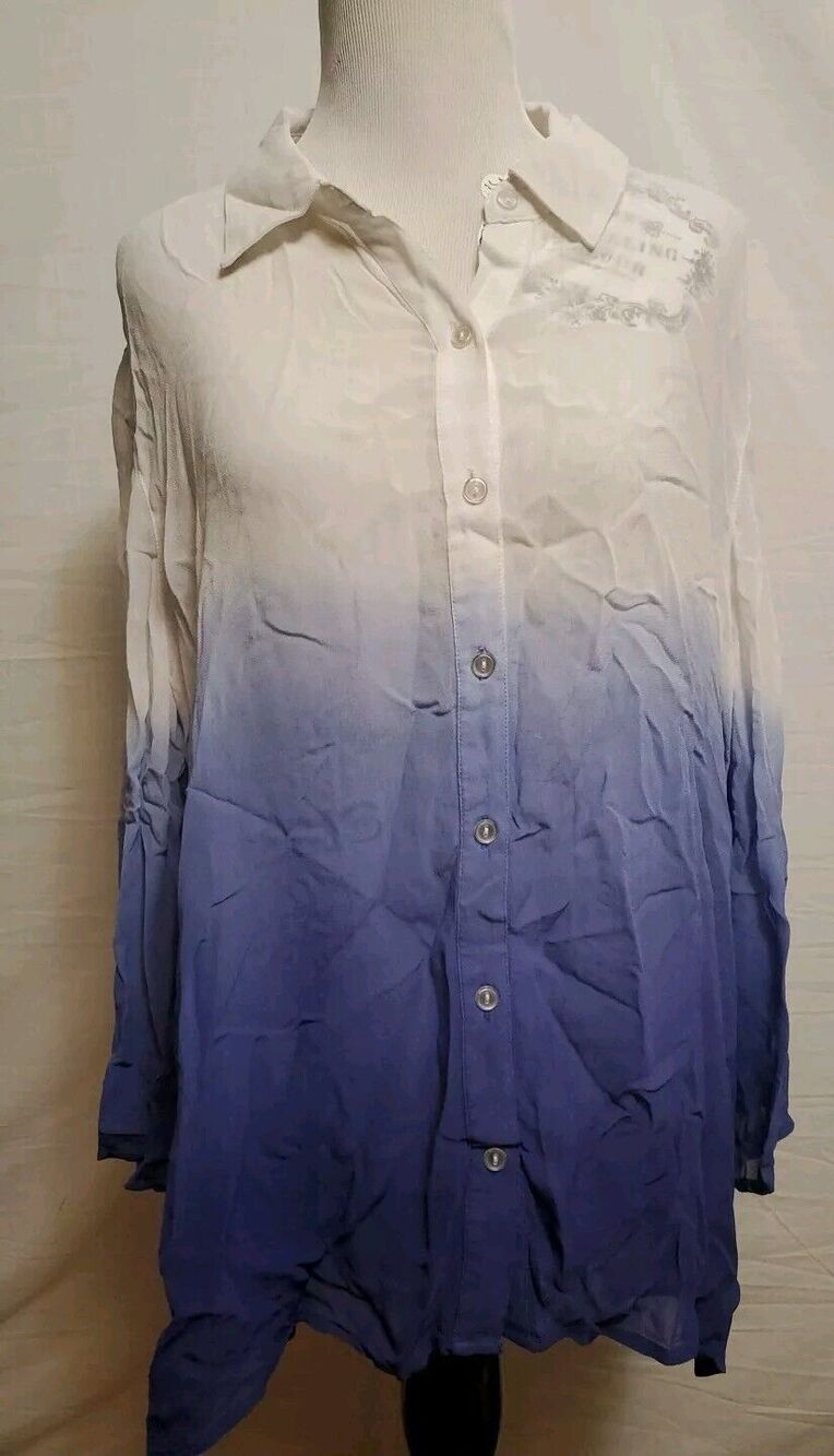 Chicos Purple White Ombre Bell Sleeve Button Up Top Blouse Shirt Size 2/ Medium